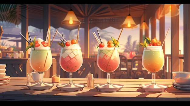 Lofi anime cocktail on a beach bar summer vibes illustration wallpaper background Generative AI