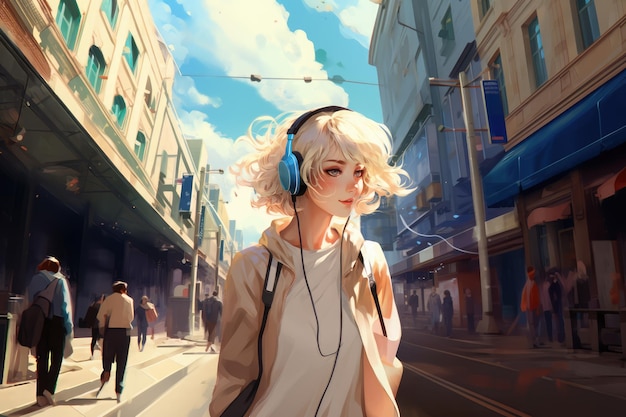 Lofi anime girl wearing headphones in city created using generative ai technology