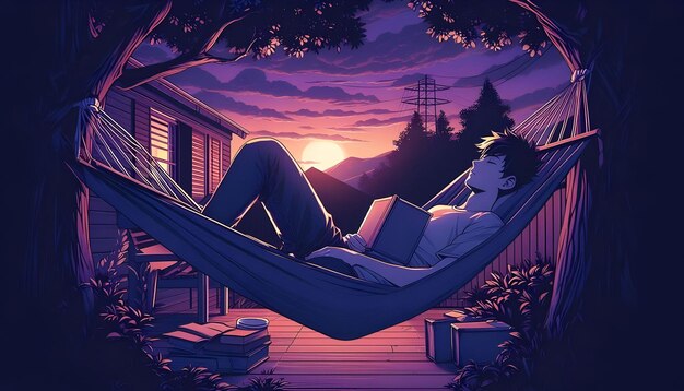 Photo lofi anime illustration style young teenage beautiful girl or boy lying in a hammock on her porch