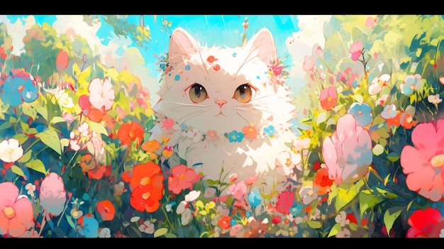 Lofi cat in nature garden anime style illustration background wallpaper design art Generative AI