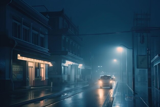 Lofi city street with foggy atmosphere which adds mysterious and magical touch