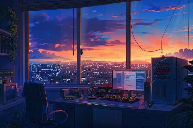 Lofi Coding Retreat Coder Embraces Retro Anime Vibes in Serenely Lit Workspace