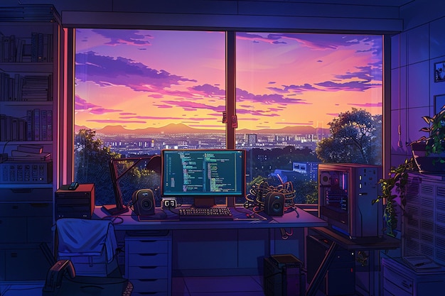 Lofi Coding Retreat Coder Embraces Retro Anime Vibes in Serenely Lit Workspace