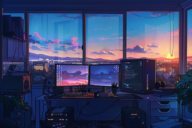 Lofi Coding Retreat Coder Embraces Retro Anime Vibes in Serenely Lit Workspace