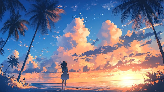 Lofi Cute Anime Girl on Beach Ocean Sea with Sunset Anime Manga Style Cozy Chill Relax Wallpaper B