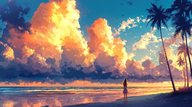 Photo lofi cute anime girl on beach ocean sea with sunset anime manga style cozy chill relax wallpaper b