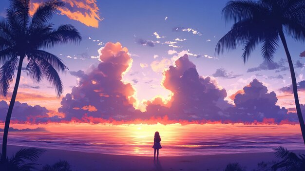 Photo lofi cute anime girl on beach ocean sea with sunset anime manga style cozy chill relax wallpaper b