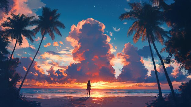 Photo lofi cute anime girl on beach ocean sea with sunset anime manga style cozy chill relax wallpaper b