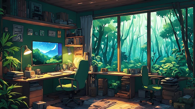 Lofi empty interior with a messy desk window view Anime style wallpaper