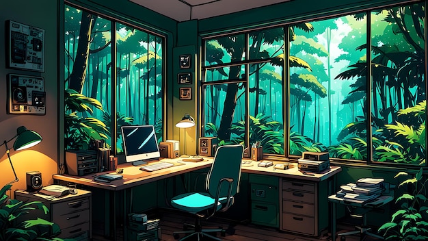 Lofi empty interior with a messy desk window view Anime style wallpaper