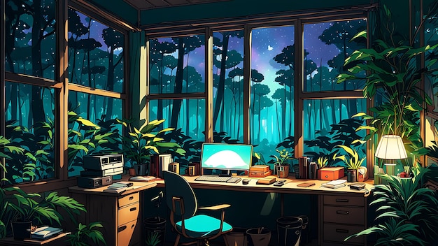 Lofi empty interior with a messy desk window view Anime style wallpaper