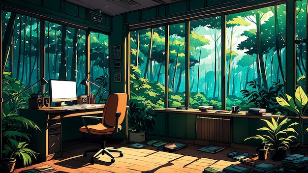 Lofi empty interior with a messy desk window view Anime style wallpaper