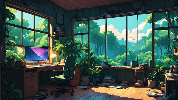 Lofi empty interior with a messy desk window view Anime style wallpaper