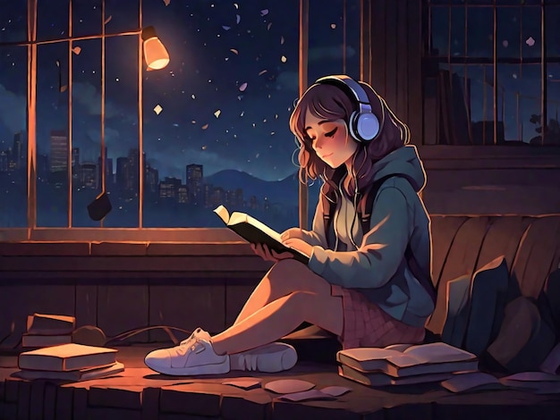 Lofi Girl Listening Music While Reading Book