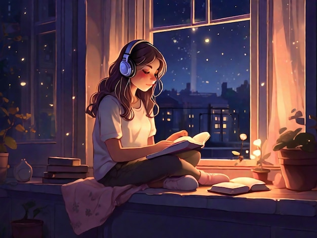 Lofi Girl Listening Music While Reading Book