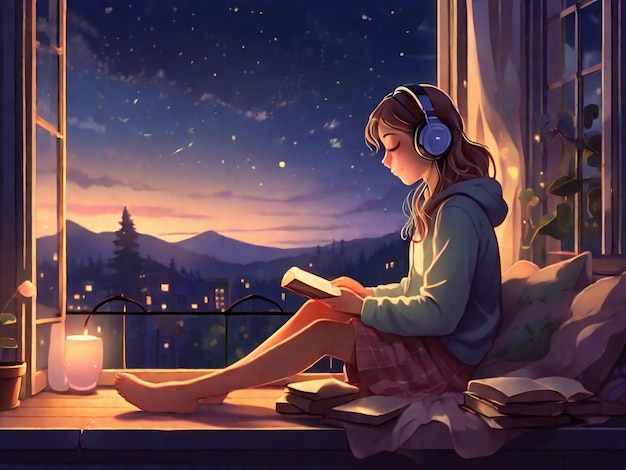 Lofi Girl Listening Music While Reading Book