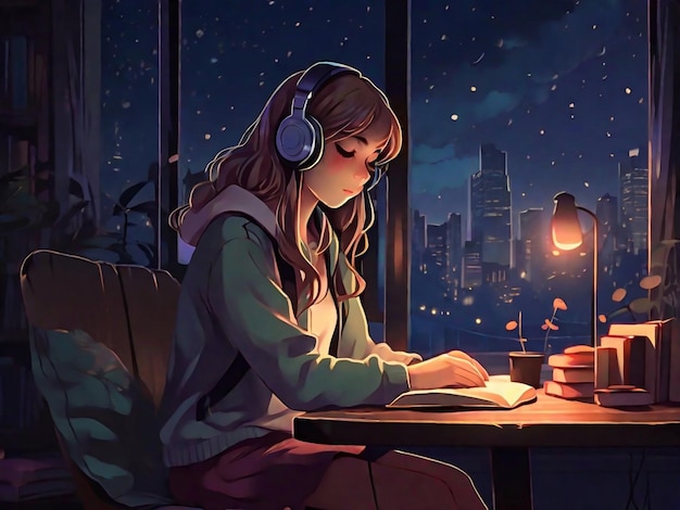 Lofi Girl Listening Music While Reading Book