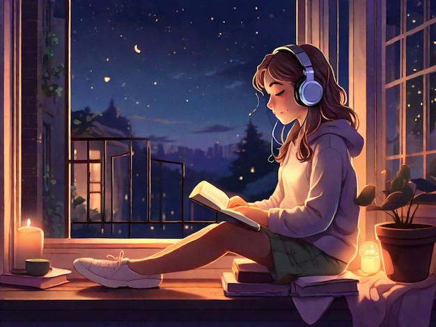 Lofi Girl Listening Music While Reading Book