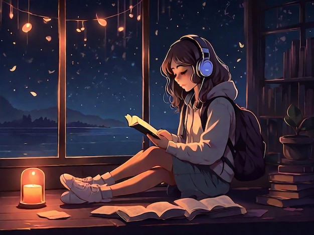 Lofi Girl Listening Music While Reading Book