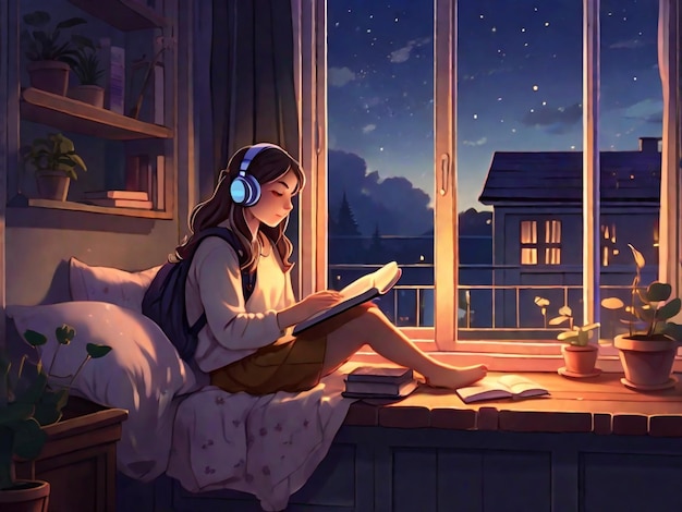 Lofi Girl Listening Music While Reading Book