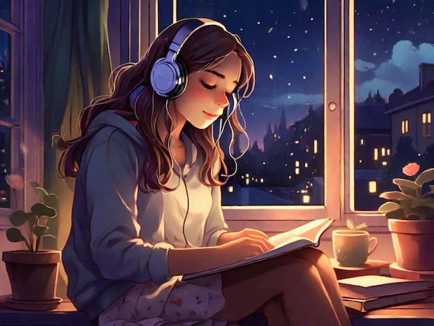 Lofi Girl Listening Music While Reading Book