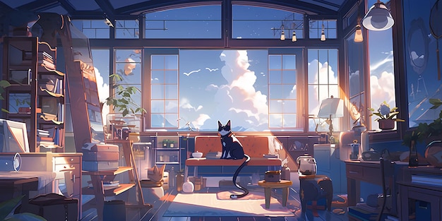 Lofi Girl studying at her desk in cozy room cinematic scenery