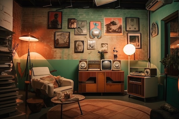 Lofi interior with retro vintage furniture and art created with generative ai