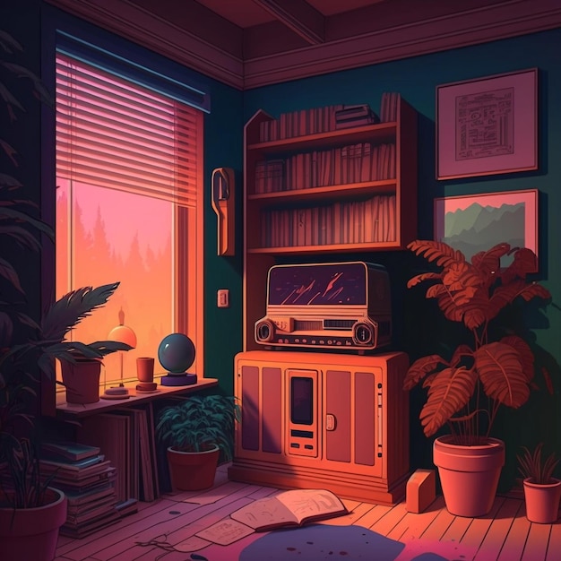 Lofi living room interior design with window Anime look