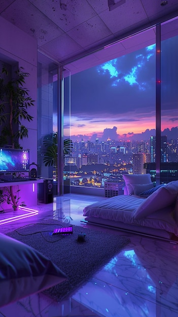 a lofi living room with a window overlooking the city at sunset in purple and blue neon theme