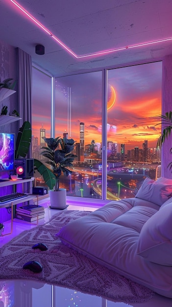 a lofi living room with a window overlooking the city at sunset in purple and blue neon theme