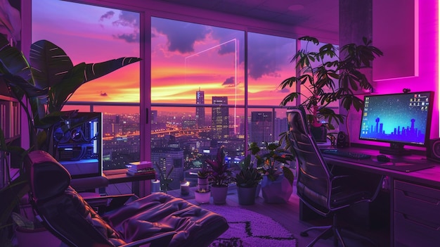 a lofi living room with a window overlooking the city at sunset in purple and blue neon theme