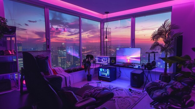 a lofi living room with a window overlooking the city at sunset in purple and blue neon theme