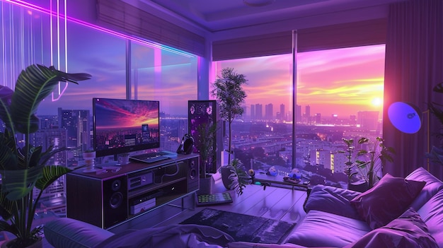 Photo a lofi living room with a window overlooking the city at sunset in purple and blue neon theme