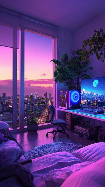 a lofi living room with a window overlooking the city at sunset in purple and blue neon theme