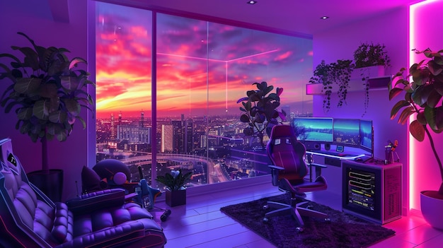 a lofi living room with a window overlooking the city at sunset in purple and blue neon theme