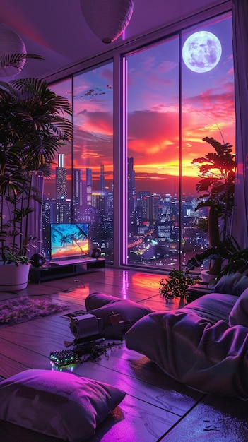 a lofi living room with a window overlooking the city at sunset in purple and blue neon theme