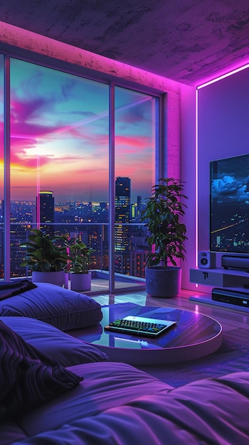 a lofi living room with a window overlooking the city at sunset in purple and blue neon theme