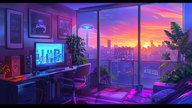 a lofi living room with a window overlooking the city at sunset in purple and blue neon theme