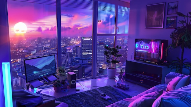 a lofi living room with a window overlooking the city at sunset in purple and blue neon theme