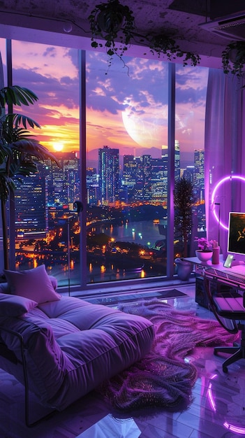 a lofi living room with a window overlooking the city at sunset in purple and blue neon theme