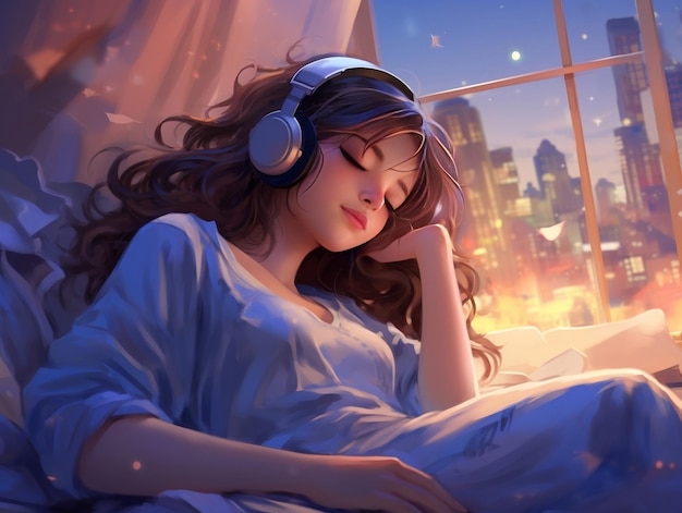 Lofi music beautiful girl listening music and sleeping wallpaper