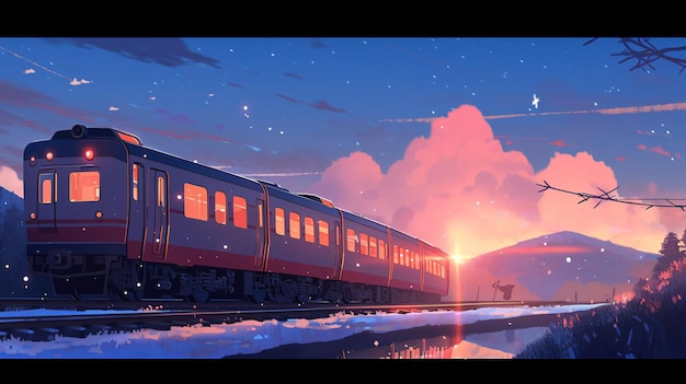 Lofi Train in nature anime manga style illustration design wallpaper background art Generative AI