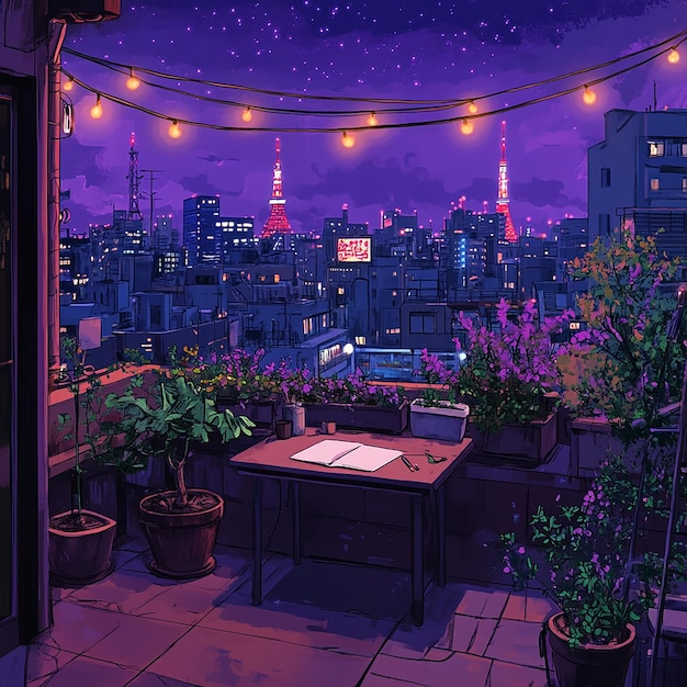 Photo lofistyle rooftop garden illustration at night