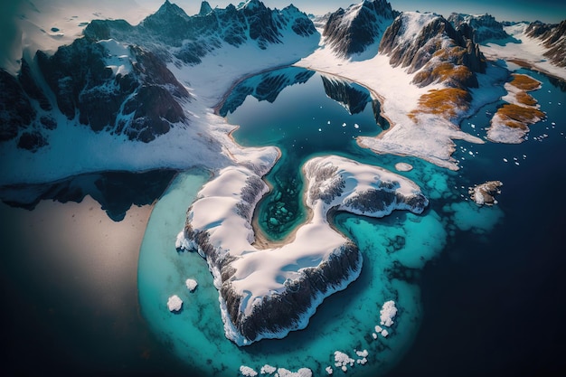 Lofoten islands amazing winter landscape of mountains covered with snow and ice aerial view Blue clear transparent Lofoten water