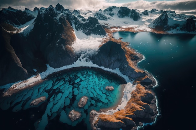 Lofoten islands amazing winter landscape of mountains covered with snow and ice aerial view Blue clear transparent Lofoten water