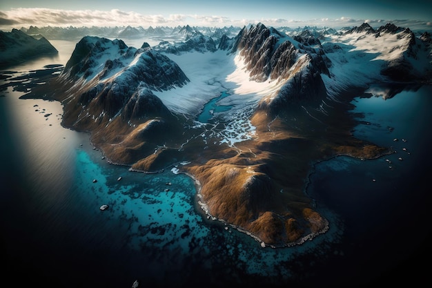 Lofoten islands amazing winter landscape of mountains covered with snow and ice aerial view Blue clear transparent Lofoten water