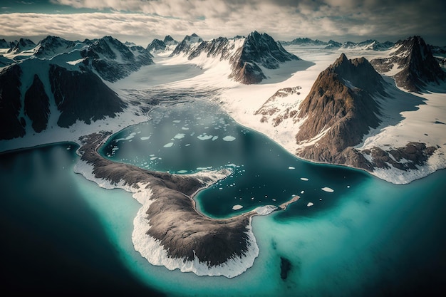 Lofoten islands amazing winter landscape of mountains covered with snow and ice aerial view Blue clear transparent Lofoten water