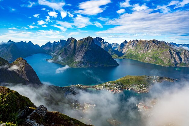 Lofoten islands is an archipelago aerial photography., Norway. Is known for a distinctive scenery with dramatic mountains and peaks, open sea and sheltered bays, beaches and untouched lands.