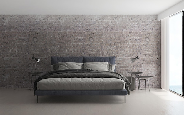 The loft bedroom and empty brick wall texture background interior design