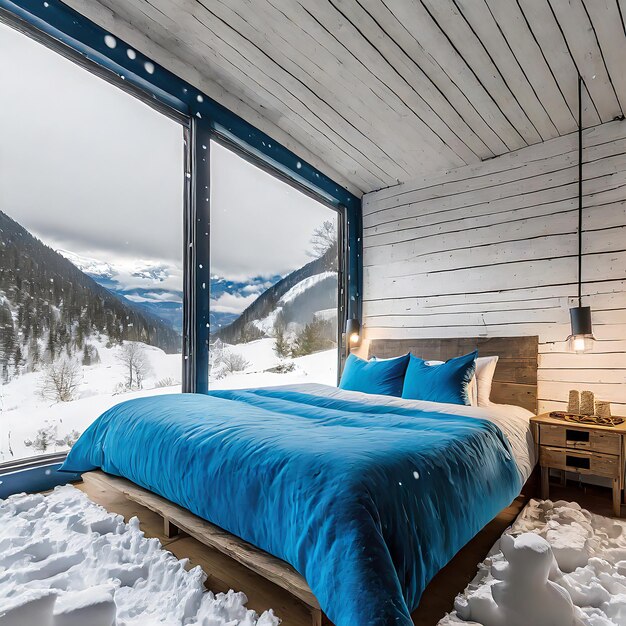 Loft bedroom in the mountains with winter ambience with duvet cover or blanket